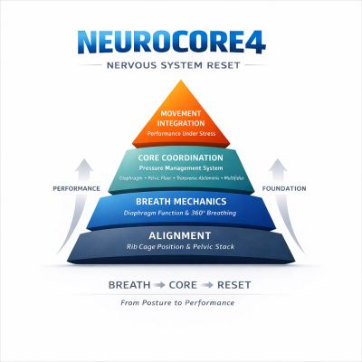 Neurocore4 pyramid illustrating breath, core, alignment, and movement for nervous system reset.
