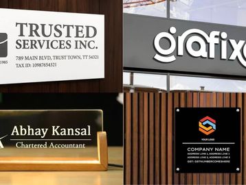 Four different professional business signs displayed in various settings.