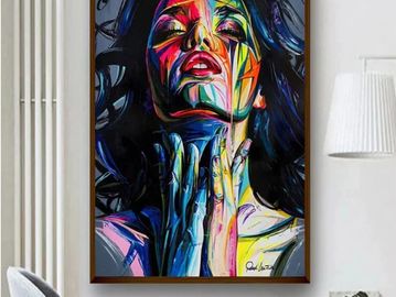 Colorful abstract portrait of a woman with hands near her neck.