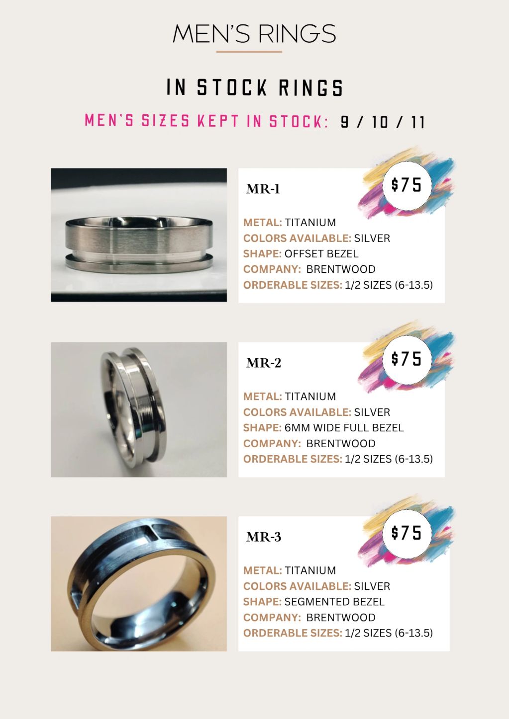 Titanium men's rings in silver, priced at $75 each, available in sizes 9, 10, and 11.