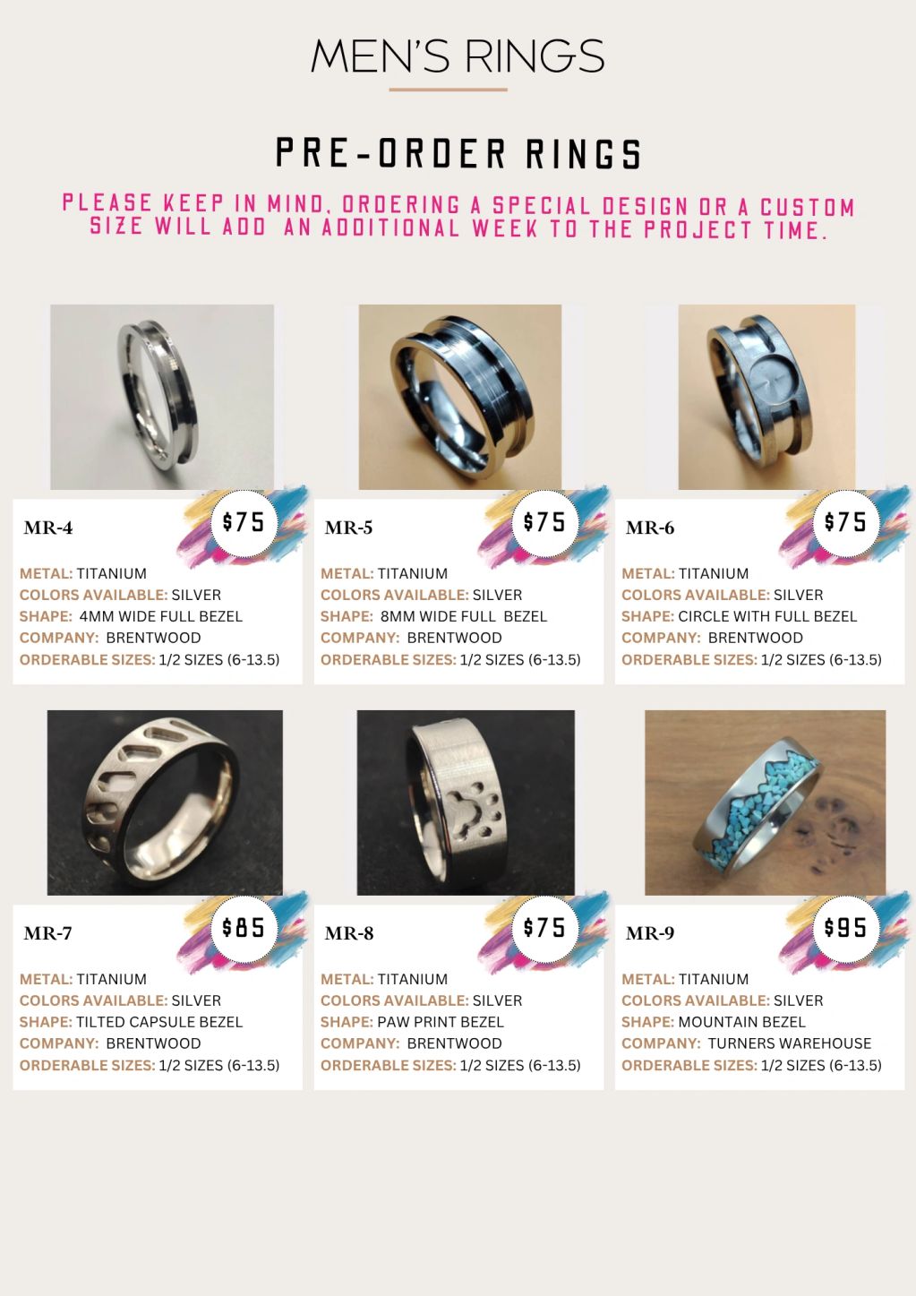 Pre-order men's titanium rings with various bezels, priced from $75 to $95.