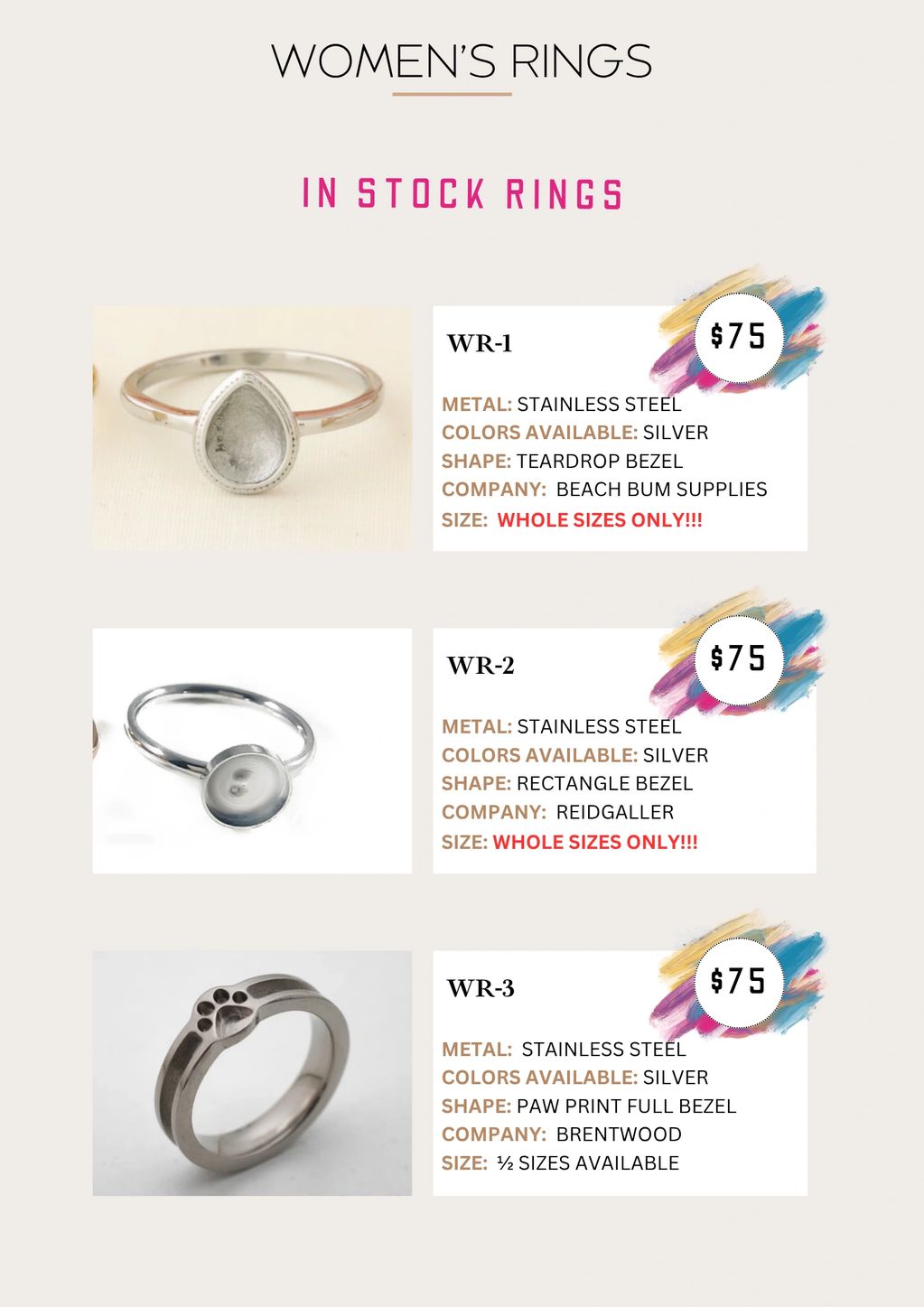 Catalog of three stainless steel women's rings priced at $75 each.