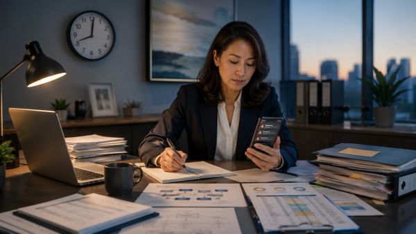 Businesswoman working late at office with phone and documents.