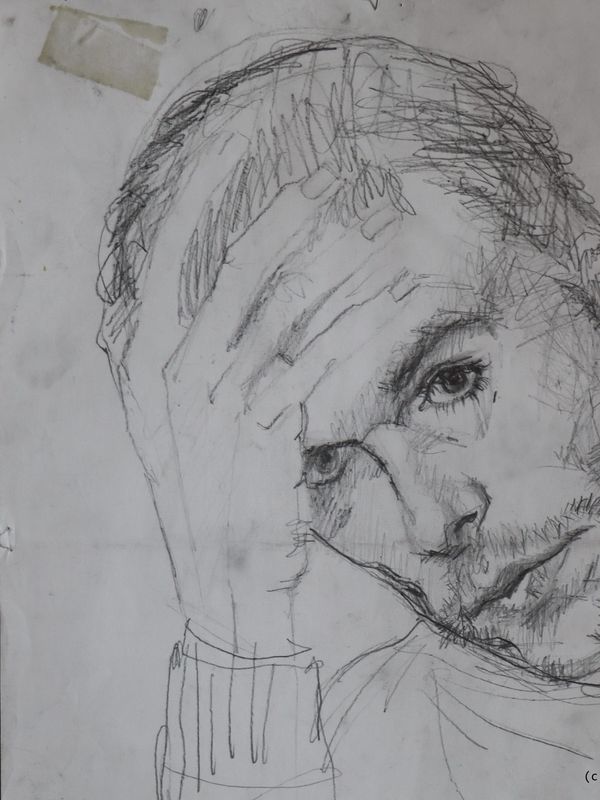 Portraitzeichnung von Bernhard Karlowitz, Graphit, linear und über harte Strich-Schraffur dominiert.