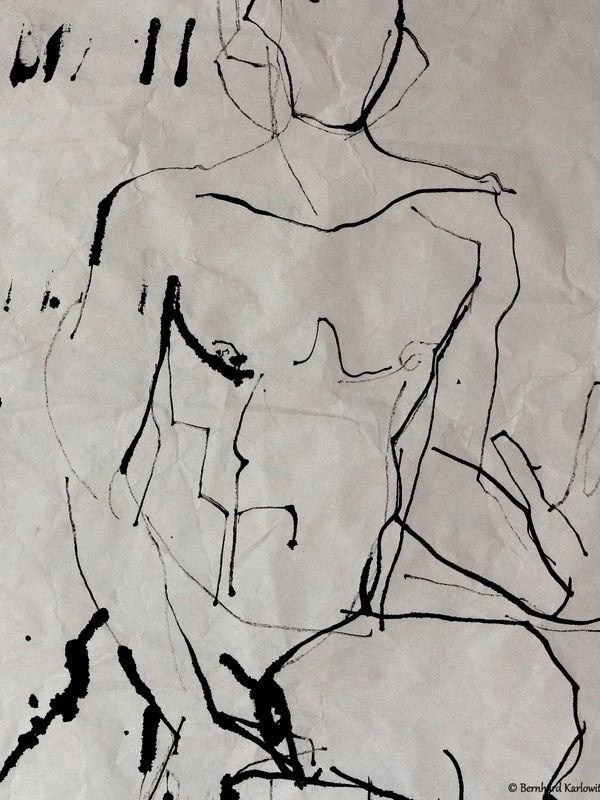 gestische Kalamos-Zeichnung von Bernhard Karlowitz, Tusche, chinesisches 30g Papier: männlicher Akt.