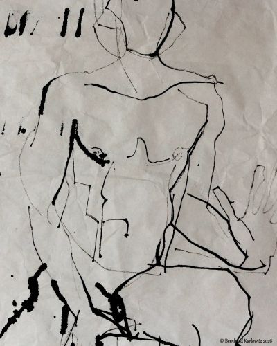 gestische Kalamos-Zeichnung von Bernhard Karlowitz, Tusche, chinesisches 30g Papier: männlicher Akt.