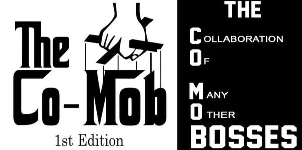 The Co-Mob logo with puppet strings and acronym meaning on black and white background.
