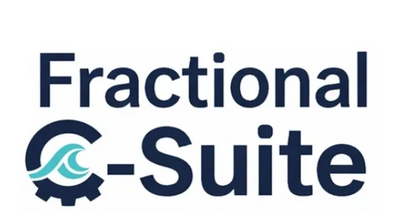 Logo of Fractional C-Suite with wave and gear design.