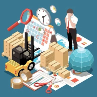 Businessman managing logistics with forklift and calendar.