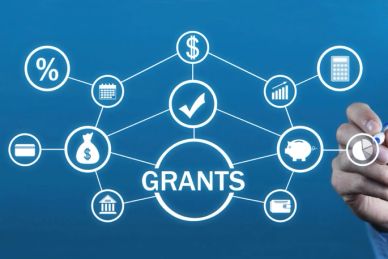 Conceptual image showing grants with financial icons connected.