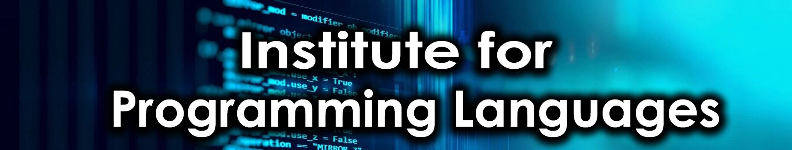 Institute for Programming Languages logo with code background.
