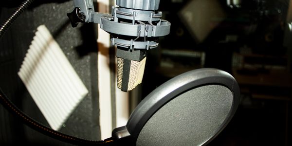 Professional studio microphone with pop filter in a recording booth.