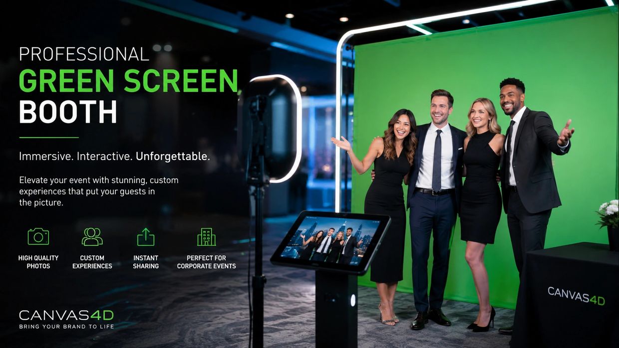 Group posing happily in a professional green screen photo booth setup.