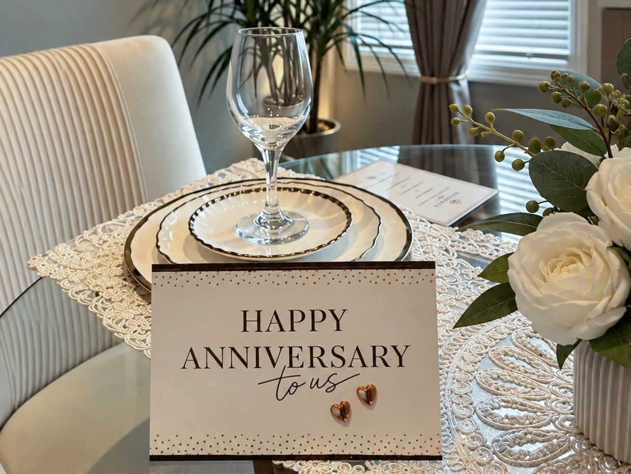 Anniversary card on a decorated dining table.