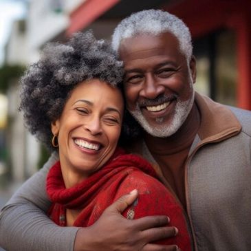 Senior African American husband and wife hugging. Representing Reverse Mortgage, mortgages.
