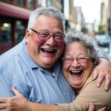 Senior husband and wife enjoying a laugh while hugging. Representing Reverse Mortgage, mortgages.