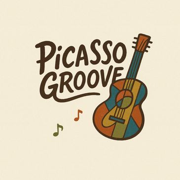 Illustration of a colorful guitar with the text 'Picasso Groove' and musical notes.