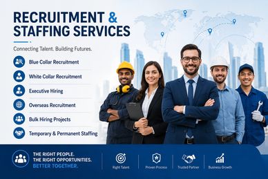 A recruitment and staffing services advertisement featuring diverse professionals.