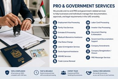 A professional workspace showing UAE passports and visa processing services for government and PRO support.