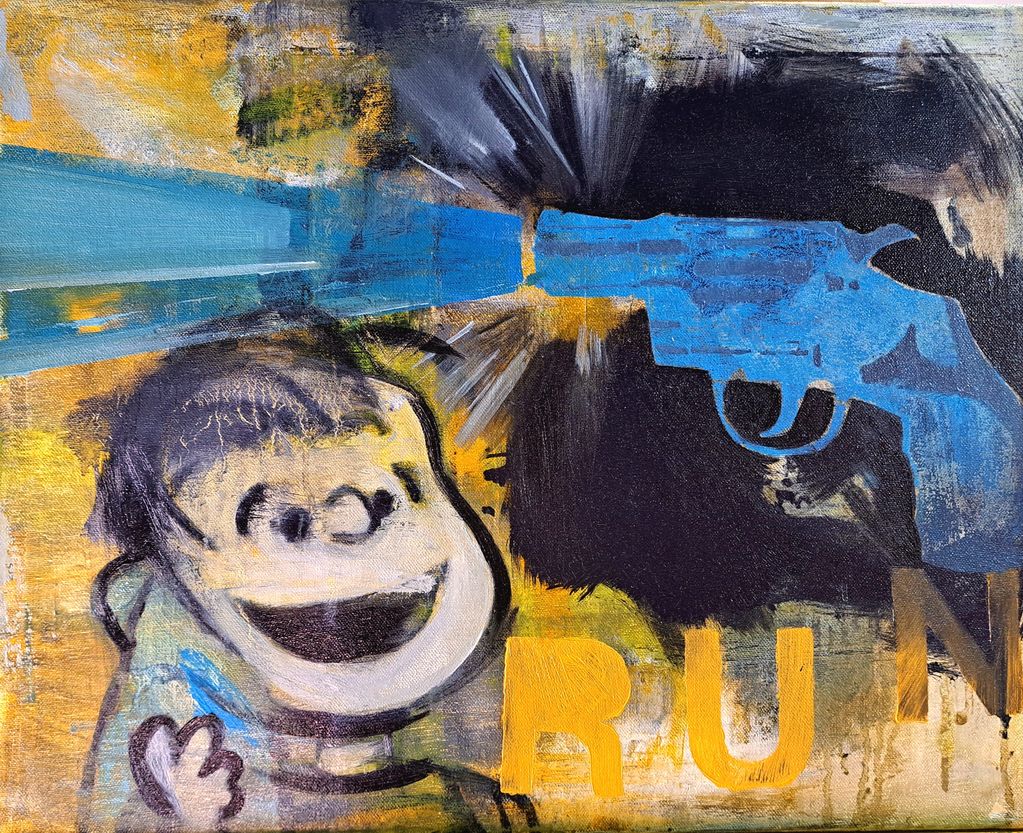"RUN BECAUSE THE GUN JA JA"
 oil on canvas, 16" X 20", 2010