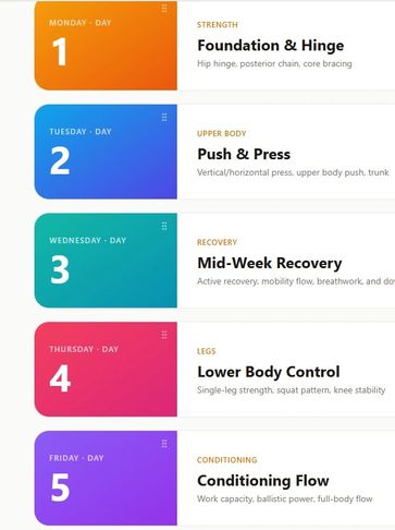 Weekly workout schedule with focus areas for each day.