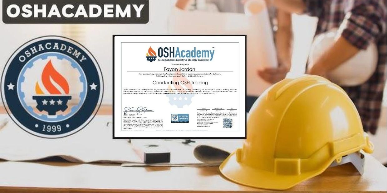 OSHAcademy certificate with a yellow safety helmet on a table, emphasizing occupational safety training.