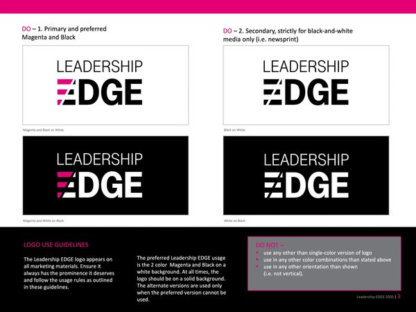 Logo usage guidelines for Leadership EDGE in primary magenta and black, and secondary black-and-white.