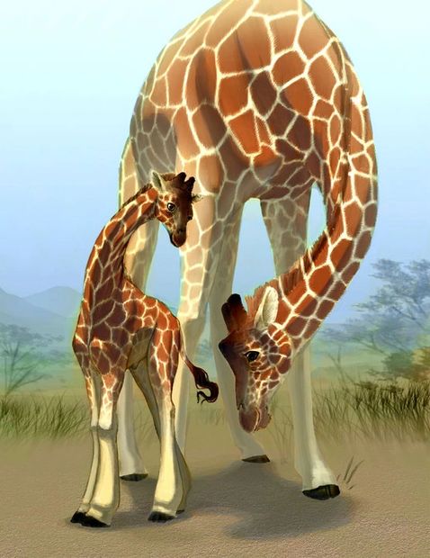 A picture of a giraffe and its baby 
