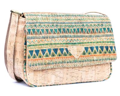 Colorful patterned cork handbag with geometric designs and a front flap.