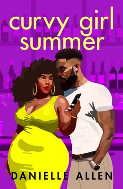 A confident curvy woman and a man standing close in a vibrant bar setting.