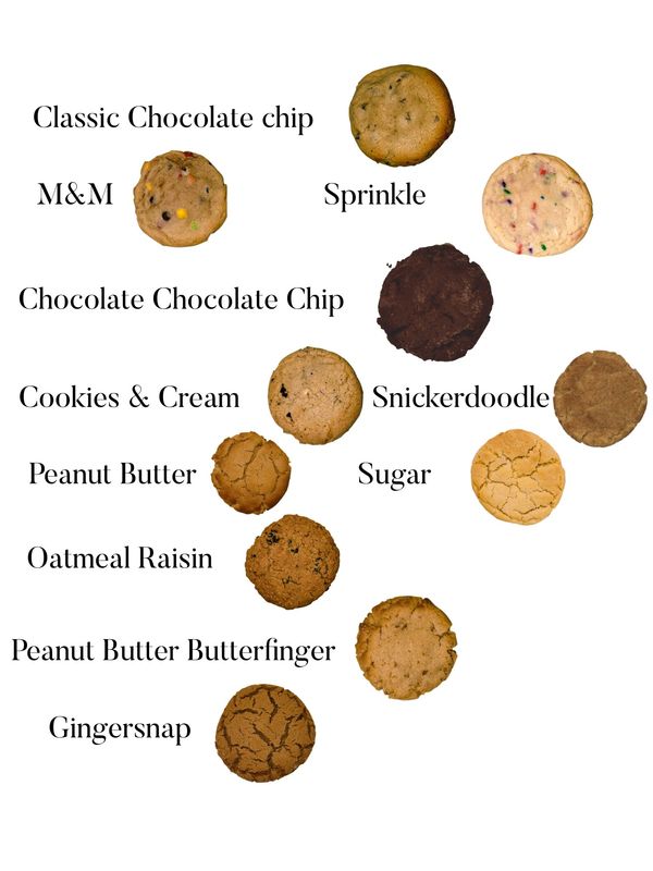 Cookie offerings. Chocolate chip, M&M, Snickerdoodle, Sprinkle, Chocolate Chocolate chip, Peanut but