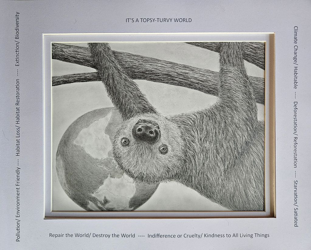 Detailed pencil drawing of a sloth hanging upside down with Earth in the background.