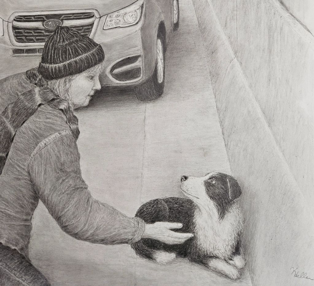 A person reaching out to a dog lying on the sidewalk next to a car.