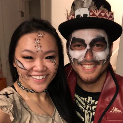 Couple dressed up in Halloween costumes