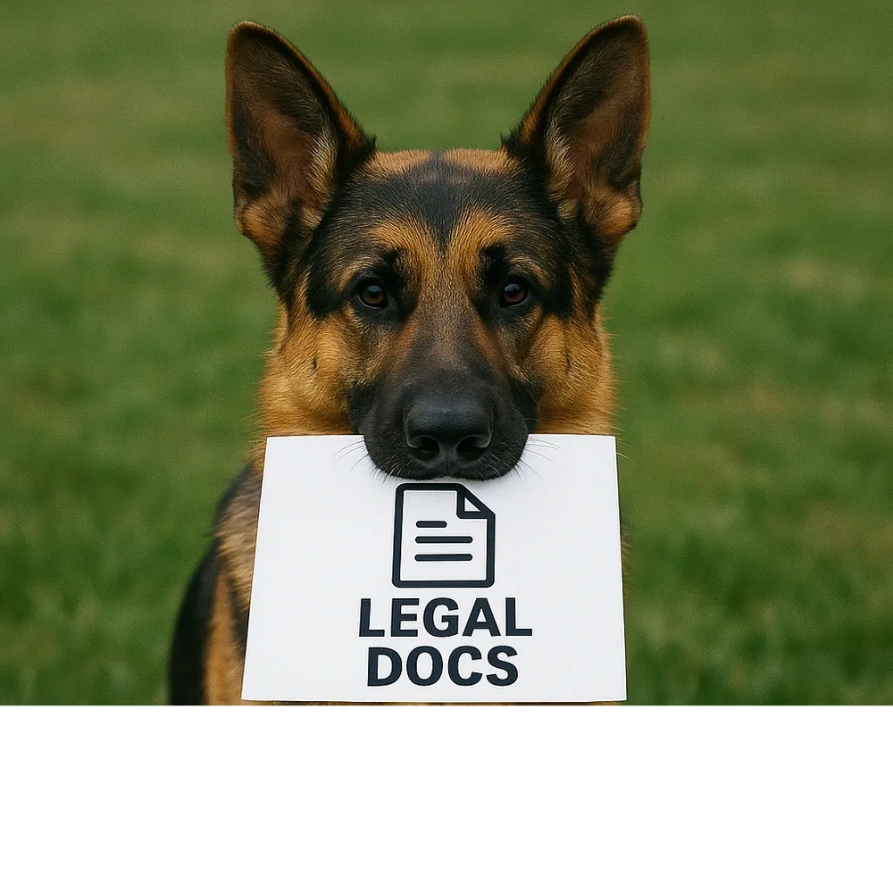 German Shepherd holding a sign that says 'LEGAL DOCS'.