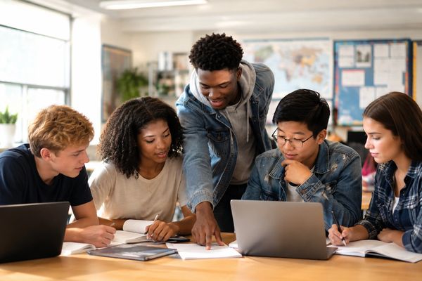 A diverse group of students studying together around a table with laptops and notebooks.