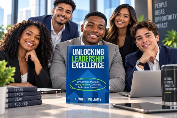 Group of young professionals with a leadership book.