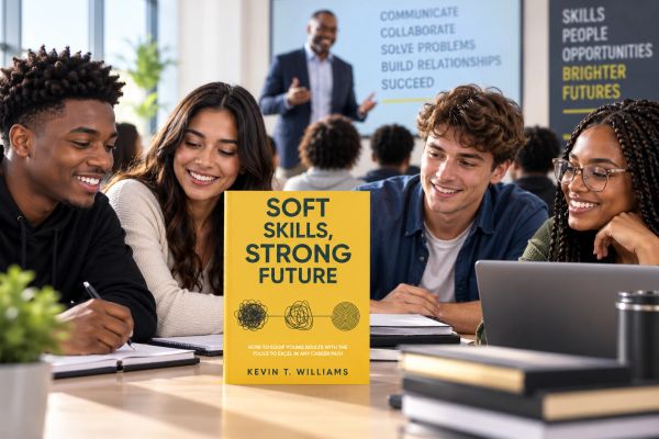 Group of young adults studying together with a soft skills book.