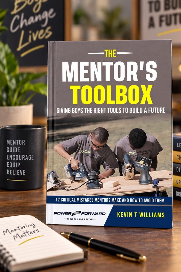 Book titled 'The Mentor's Toolbox' on a wooden table with a notebook and mug.