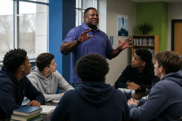 A man passionately speaks to a group of attentive young men in a classroom setting.