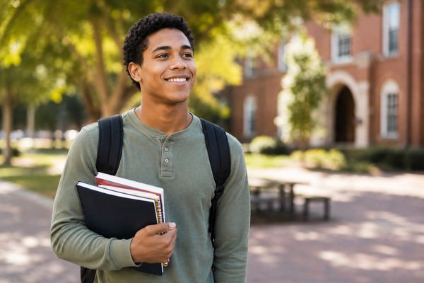 Smiling student with books and backpack on campus.