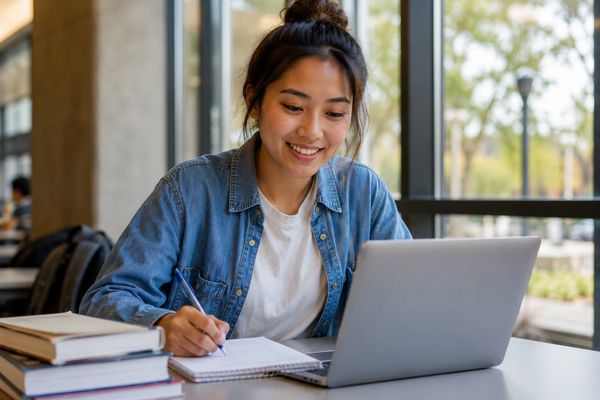 Young woman studying with laptop and notes at a table.