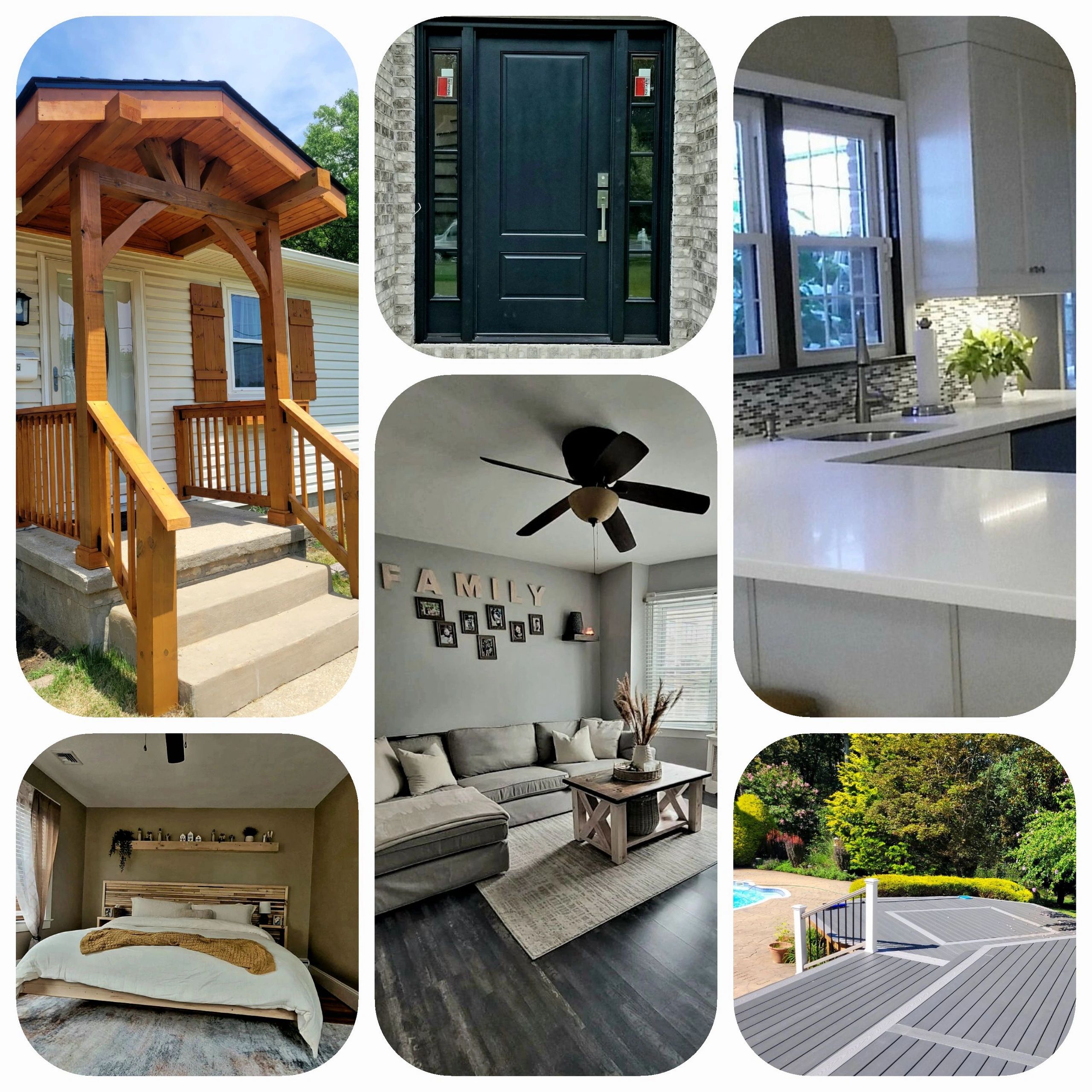 Collage of house exterior, door, kitchen, bedroom, living room, and backyard deck.