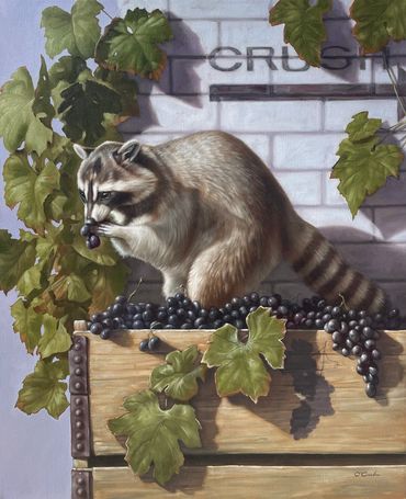 contemporary wildlife fine art oil painting
raccoon vineyard grapes vines crush