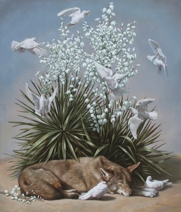 Wildlife fine art oil painting Arizona Coyote white doves banana yucca desert blooms flowers cactus