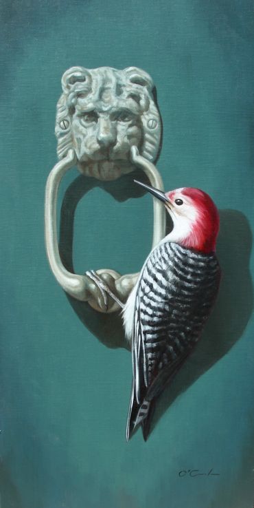 Red Bellied Woodpecker door knocker art fine oil painting wildlife aqua teal blue green