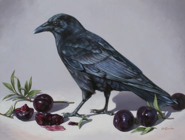 Raven plums leaves still life art oil fine painting wildlife