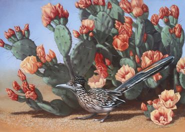 Wildlife art fine oil painting Arizona desert southwest prickly pear cactus bloom orange Roadrunner