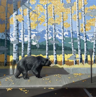 realism wildlife fine art oil painting mural black bear leaves parking meter change sidewalk street