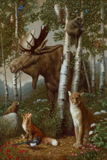 Aspen tree Moose mountain lion red fox porcupine barn owl marmot columbine art painting wildlife